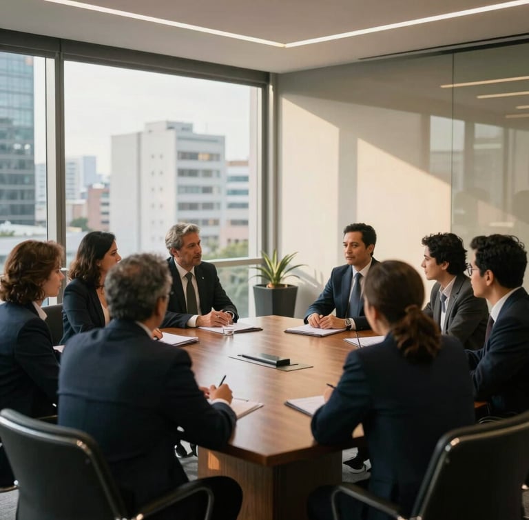Wide-angle editorial corporate photograph of a modern glass-walled boardroom in São Paulo, natural afternoon window light, professional executives engaged in a strategic discussion around a wooden table, shallow depth of field, 35mm.
