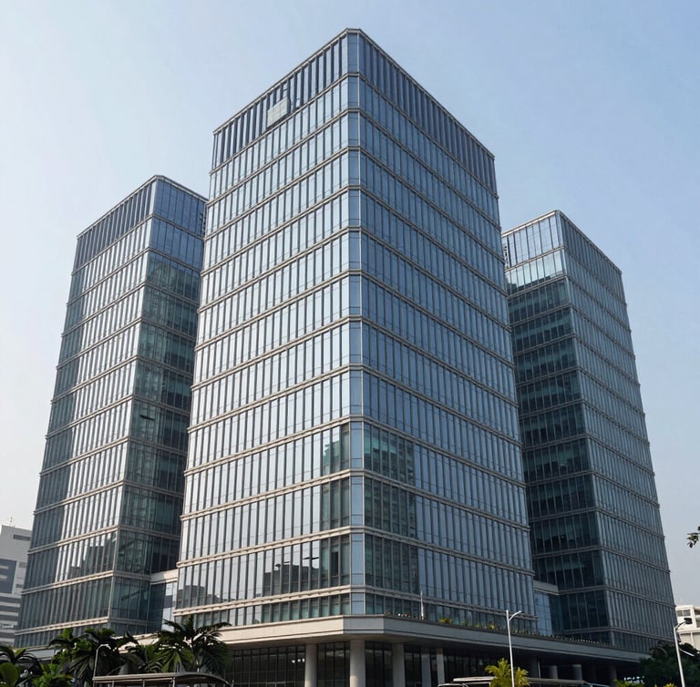 Wide architectural shot of a modern glass corporate headquarters in Jakarta, clean cool-toned morning daylight, professional corporate photography, 35mm lens