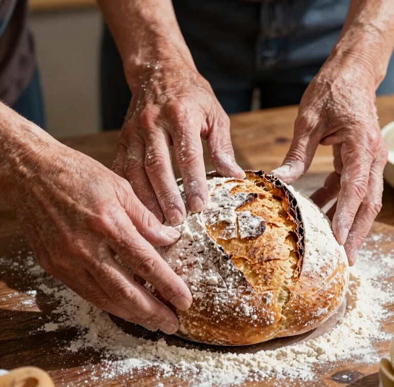 Macro shot of hands of different generations preparing food, dusting flour over a rustic sourdough boule on a dark wooden table, warm sunlight casting soft shadows, rich textures, 35mm