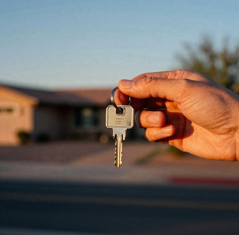 Close-up, warm golden-hour shot of a hand holding a house key, with a blurred Arizona home and desert landscape in the background, authentic 35mm film style.