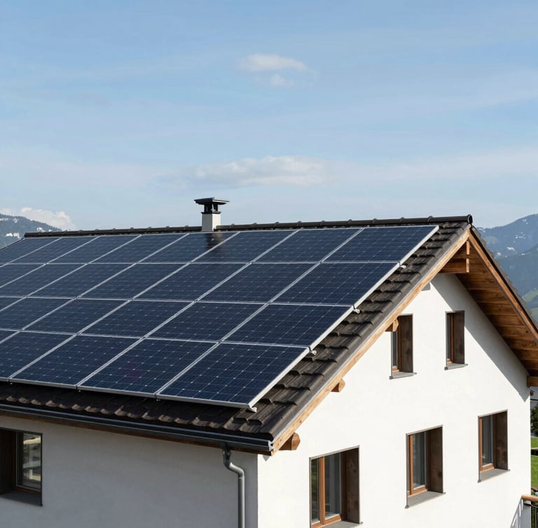 Wide panoramic 21:9 frame of a modern Swiss house roof with integrated solar panels in Solothurn, clean lines, clear alpine sky, no people.