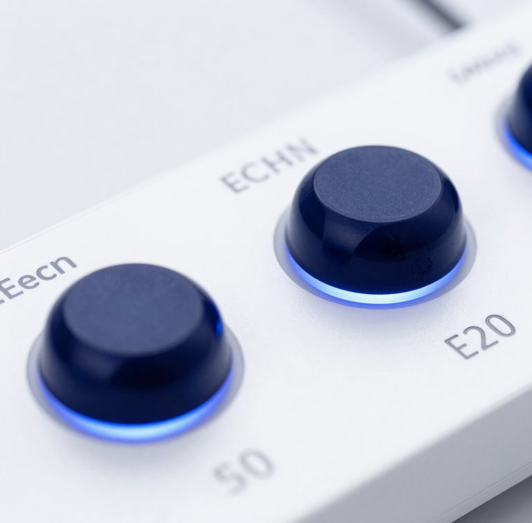 Macro close-up of a high-end digital interface with deep blue ambient light reflections, clean UI elements, crisp white background, modern minimalist aesthetic, 50mm lens