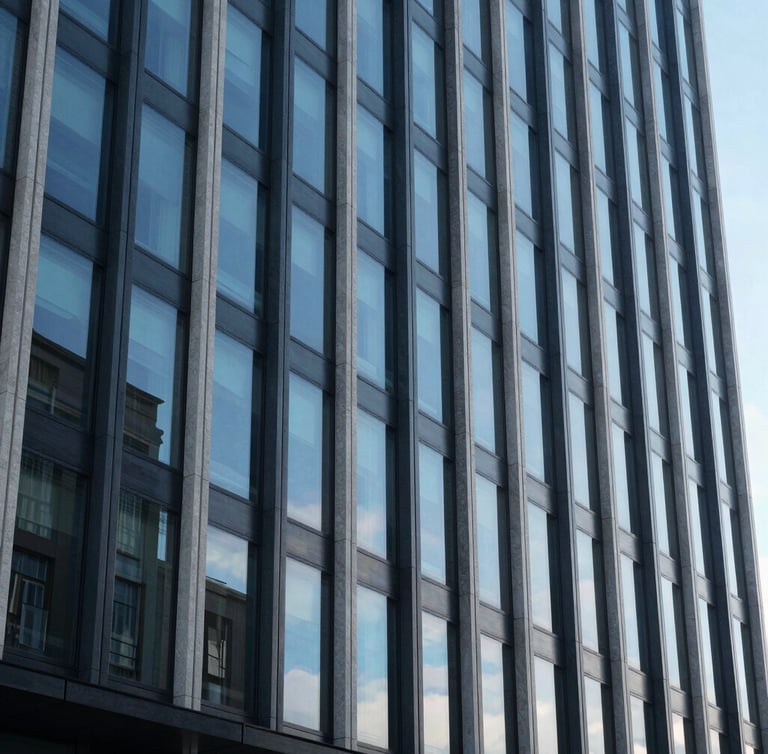Façade de bâtiment moderne aux lignes épurées, de grands vitrages teintés reflétant un ciel bleu pur avec une clarté optique parfaite