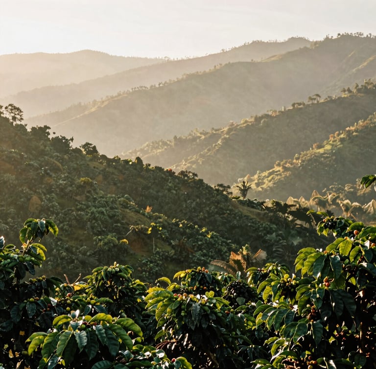 Sun-dappled high-altitude Nicaraguan coffee farm in Matagalpa, misty green mountains, soft morning golden hour light, 35mm