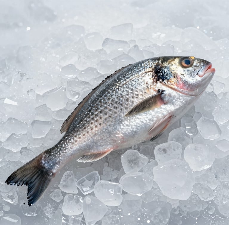 Bright cold morning light on a whole fresh sea bream resting on clean crushed ice, silver scales glistening, clear eyes visible, minimalist composition.