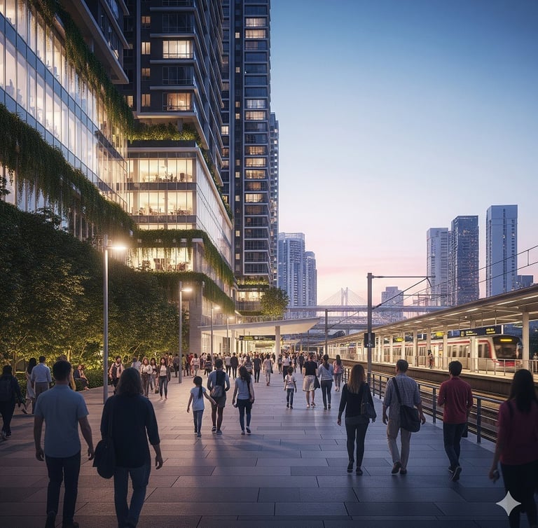 Crowd of commuters walking on a plaza towards a modern train station, representing the RTS Link