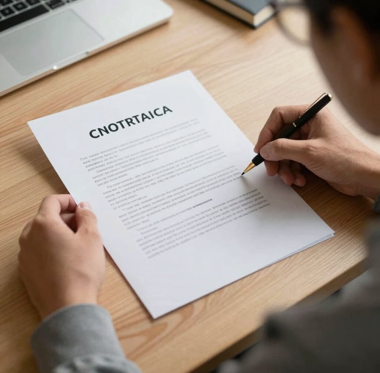 Encuadre medio de un analista revisando un contrato impreso sobre un escritorio de madera clara, luz natural de oficina iluminando el papel, estilo editorial y sobrio.