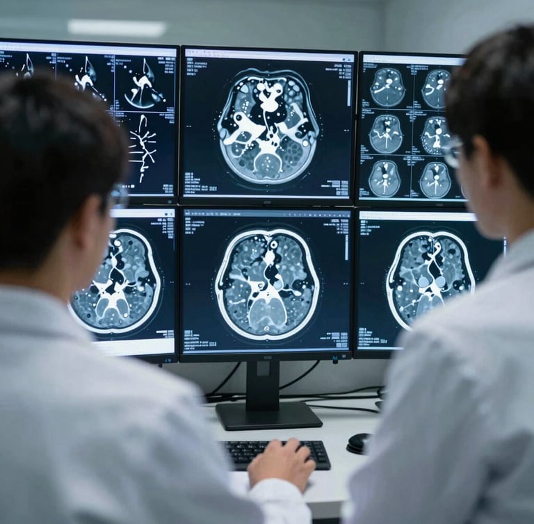 Over-the-shoulder view of a radiologist analyzing high-resolution CT and MRI brain scans on multiple glowing diagnostic monitors in a dimly lit, professional reading room.