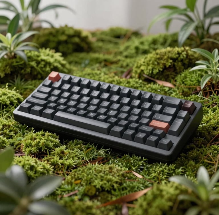 Premium mechanical keyboard integrated into a clean, plant-filled Scandinavian workspace, soft daylight filtering through moss green foliage, shallow depth of field, 35mm