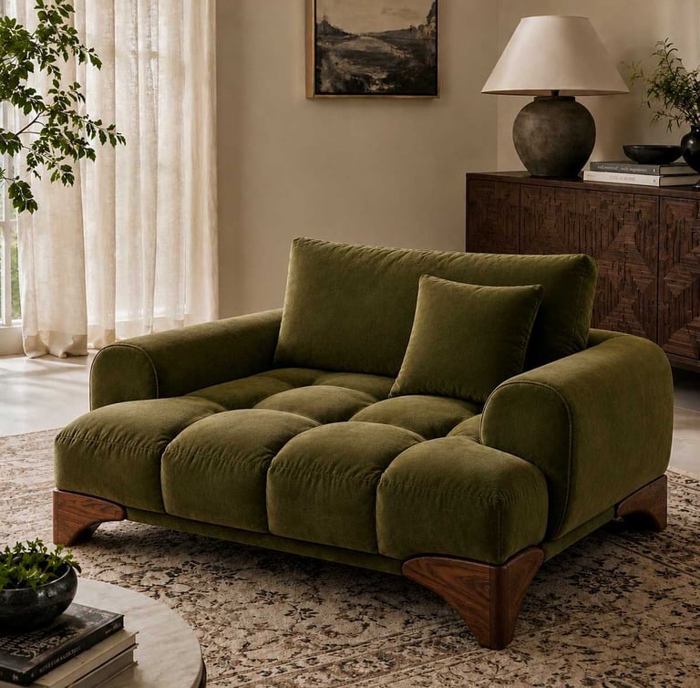Olive green tufted accent chair with a walnut wood base in a warm, elegant living room