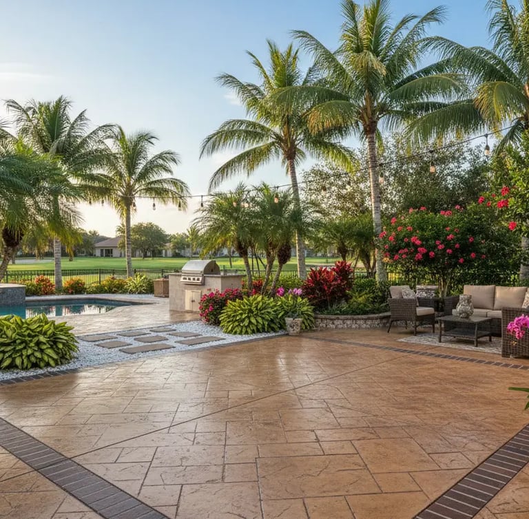 high-end stamped concrete patio with intricate patterns in a Florida backyard. Features decorative borders, colored concrete