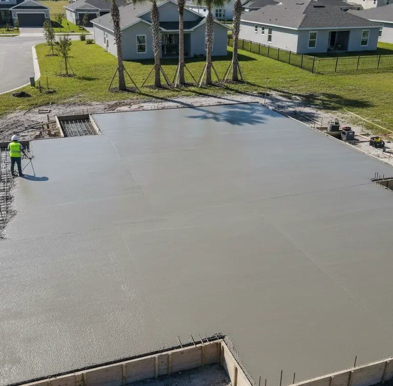 aerial view showing freshly poured gray concrete with steel rebar grid visible,