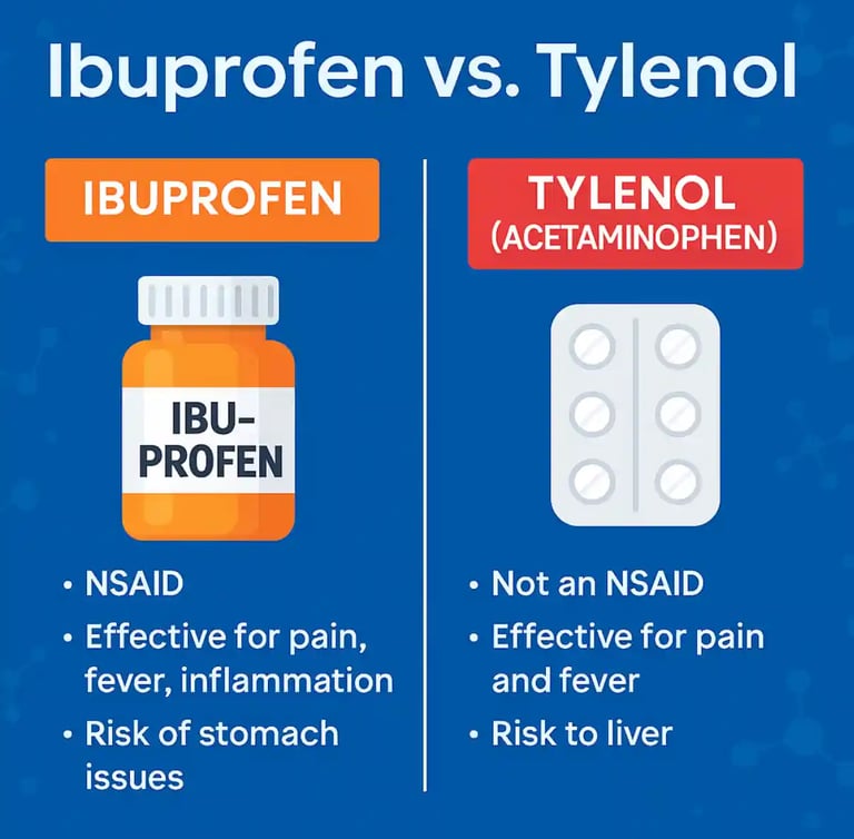 Infographic comparing ibuprofen and Tylenol side by side for pain relief, safety, usage differences & Side Effects
