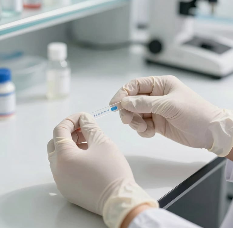Close-up of professional healthcare hands in white gloves preparing samples in a bright modern laboratory, soft clean shadows, warm neutral tones