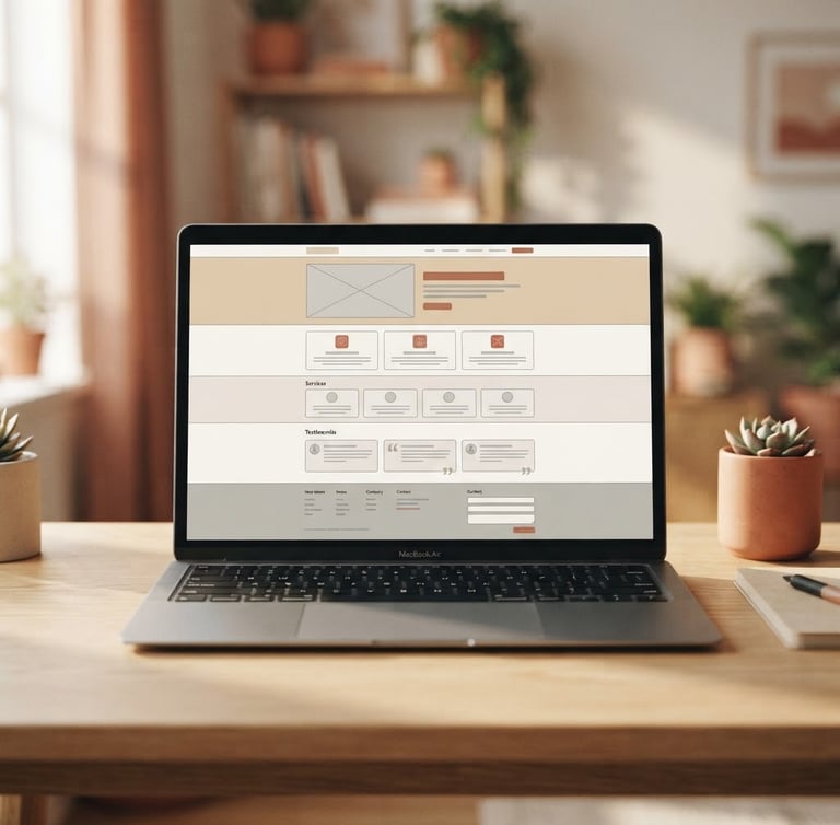 A clean, straight-on shot of a modern laptop on a light oak desk, displaying a high-converting service website wireframe, soft natural window light casting gentle shadows, warm sand and terracotta tones, shallow depth of field