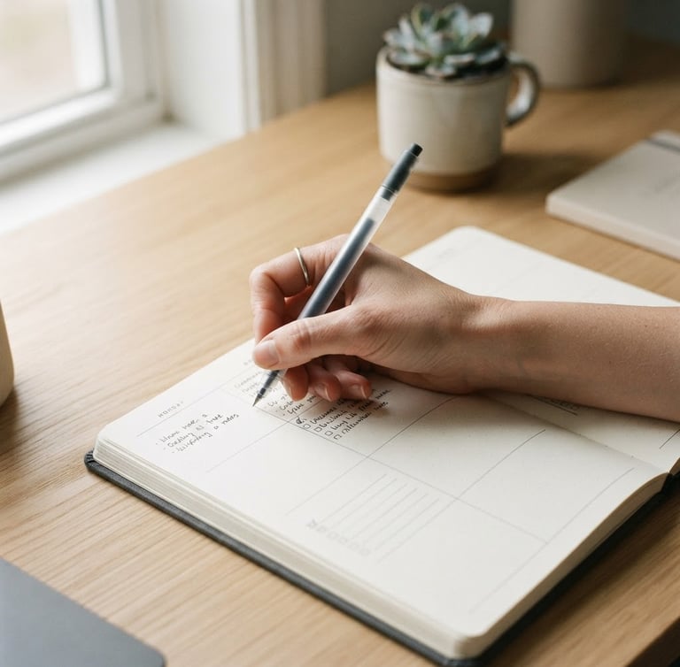 Close-up of a hand writing in a structured paper planner on a clean wooden desk, soft morning light casting gentle shadows, minimalist aesthetic