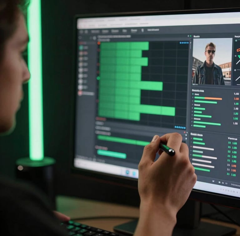 Moody close-up of a creator reviewing video analytics on a high-end monitor in a dark studio setting, neon green accent light reflecting on the screen.