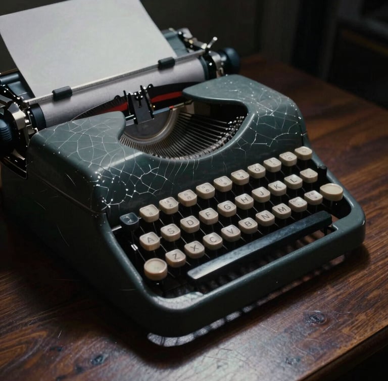 A close-up of a vintage typewriter on a dark wooden desk, dramatic shadows cast across the keys by a single cold tungsten light source, cracked glass textures in the background.