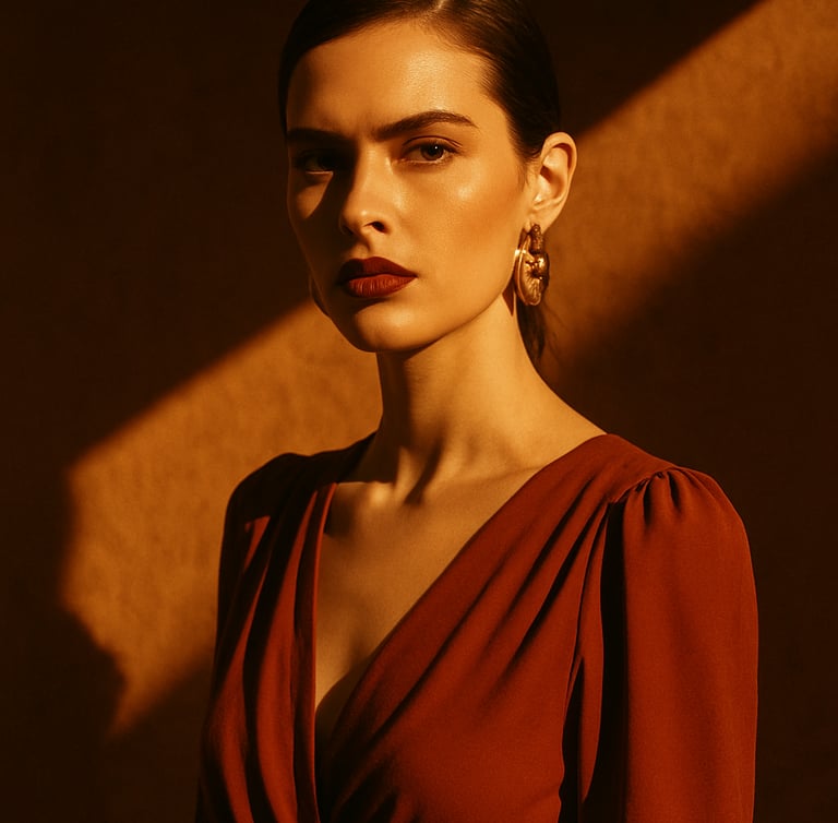 Editorial high-fashion portrait, sharp natural light, rich warm tones, 35mm film style, off-center composition with deep shadows