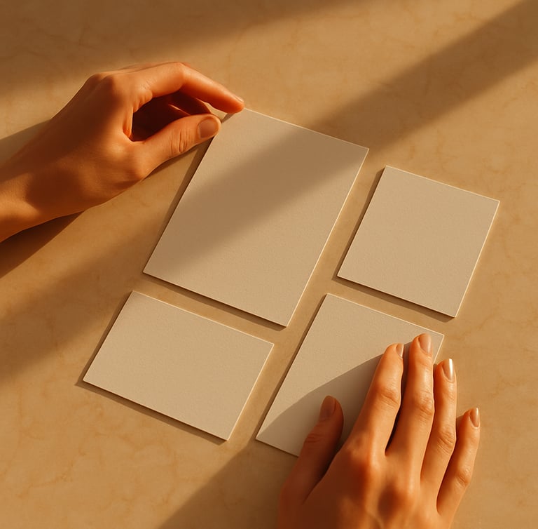 Close-up of elegant hands arranging clean minimalist branding layouts on a warm cream marble table, high-contrast golden-hour light, 35mm film style