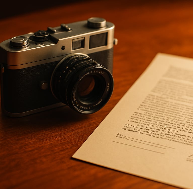 Close-up of a 35mm camera resting on a clean wooden desk next to a legal draft, warm editorial lighting, sharp focus