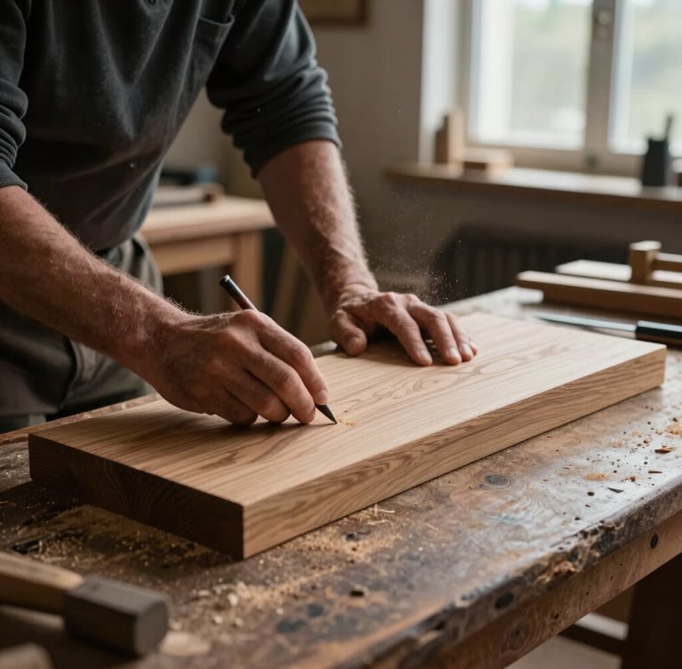 Cinematic wide shot of a master joiner's hand tracing the grain of seasoned Scottish oak on a dark workbench, soft diffused natural light from a high window, deep shadows, dust motes in the air.