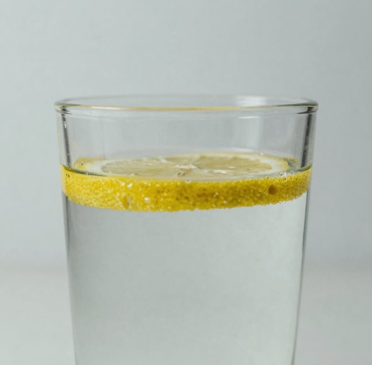 Macro shot of a clean glass of water with a single lemon slice floating, soft overcast daylight, muted natural tones, 35mm composition