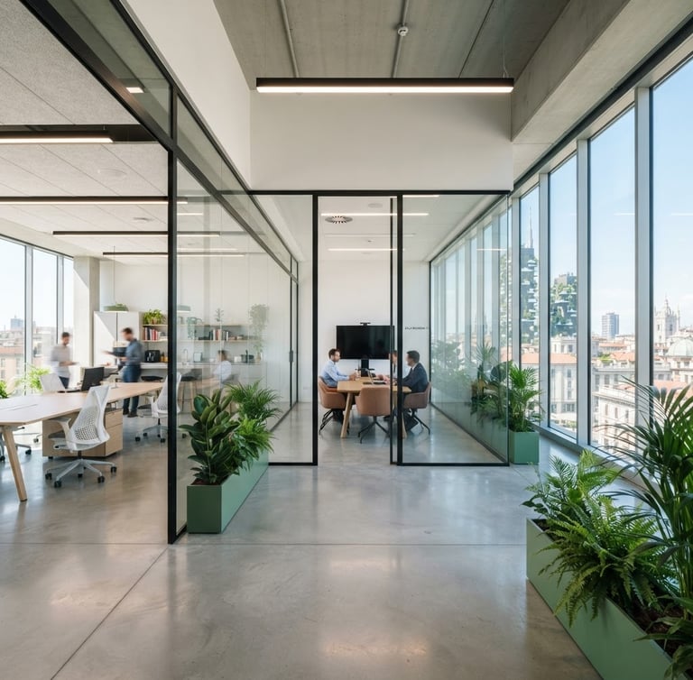 Wide-angle architectural photograph of a bright, modern Milanese office interior with clean glass partitions, natural light reflecting on polished concrete floors, minimalist green accents.