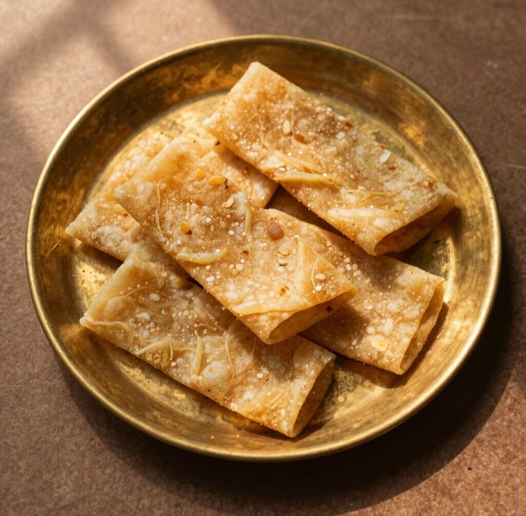 Overhead flat-lay of golden-brown hand-rolled mathri on a rustic brass plate, warm directional afternoon sun casting soft shadows, rich saturated earthy tones.