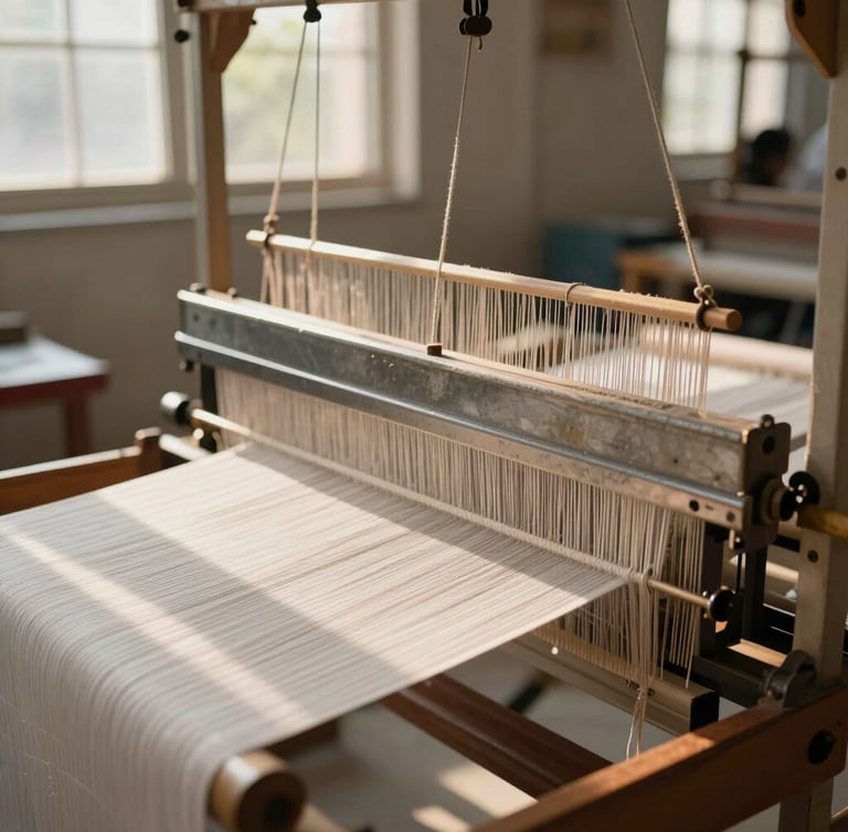 Close-up of a modern textile loom weaving cotton threads in a Coimbatore workshop, warm natural sunlight filtering through industrial windows, shallow depth of field, sharp focus on the metallic machinery parts.