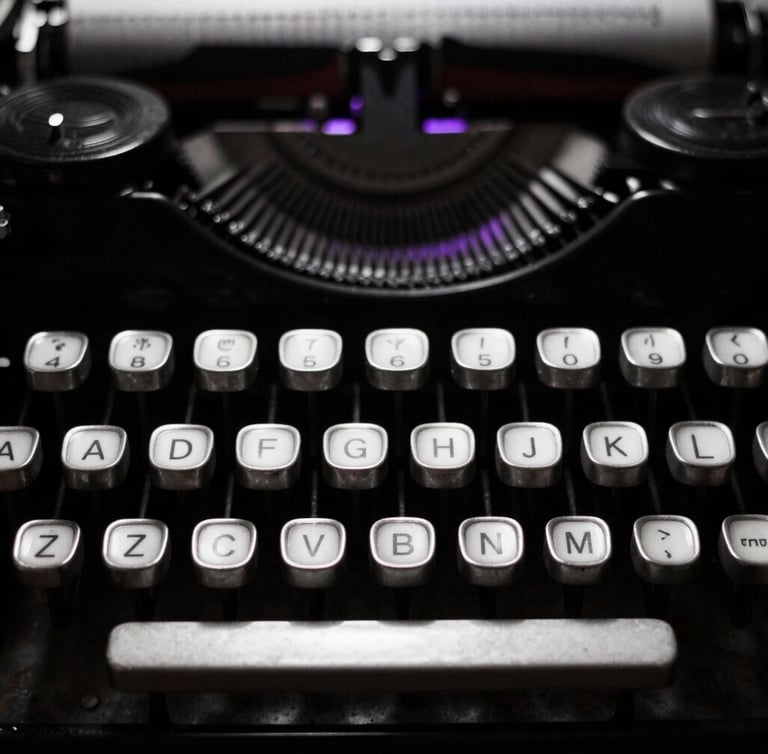 High-contrast noir photography of vintage typewriter keys in deep shadow with a faint electric purple backlighting, 35mm film style.