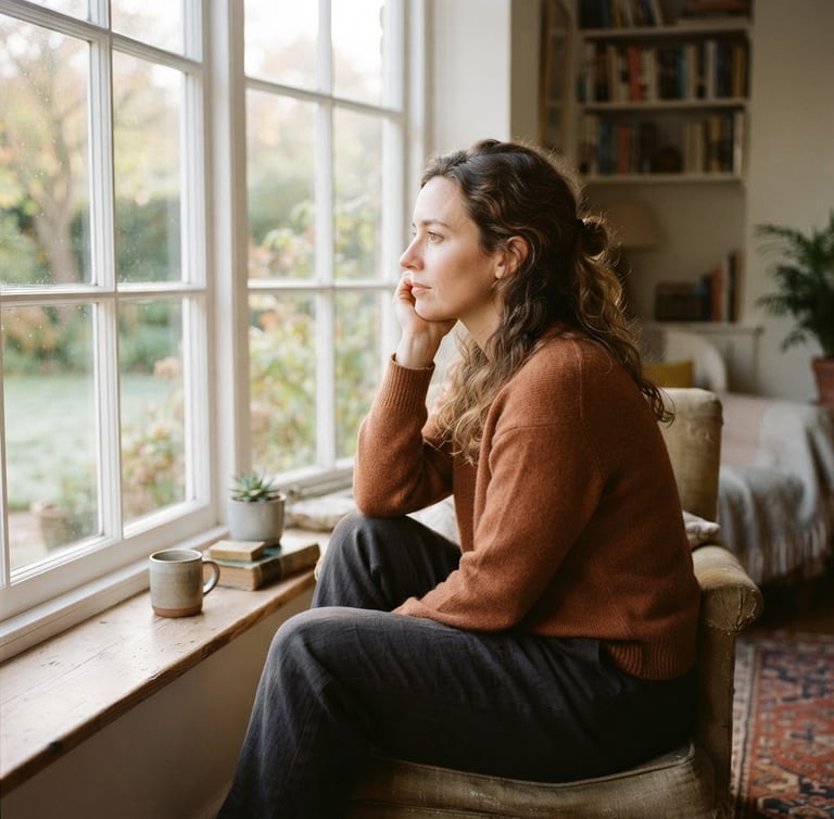 A thoughtful woman looking out of a large window with soft morning light filtering in, warm domestic setting, 35mm photography