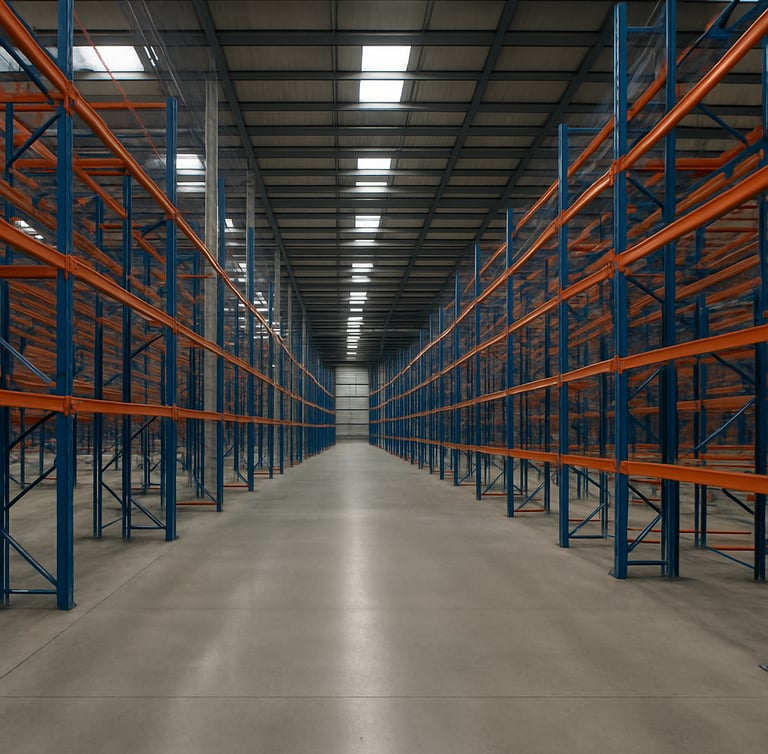 Wide-angle architectural view of a modern, highly organized UK fulfillment center with clean concrete floors and structured racking systems under bright daylight.