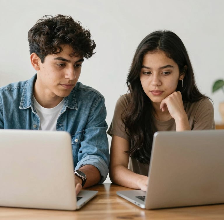 A dynamic team collaborating over a modern workspace filled with charts and laptops.