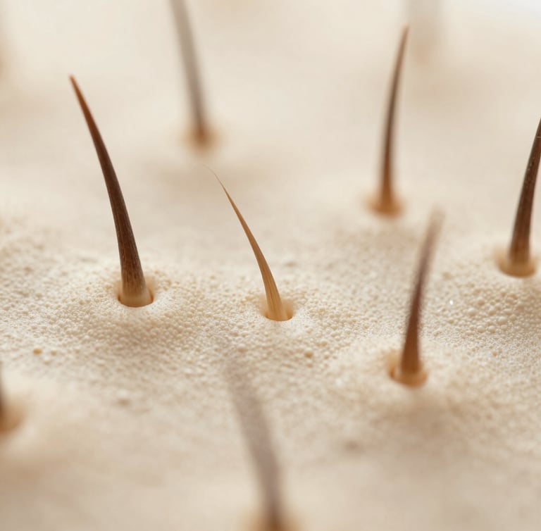 Macro photography of healthy hair follicles, clean clinical aesthetic, soft diffused daylight, warm beige tones.