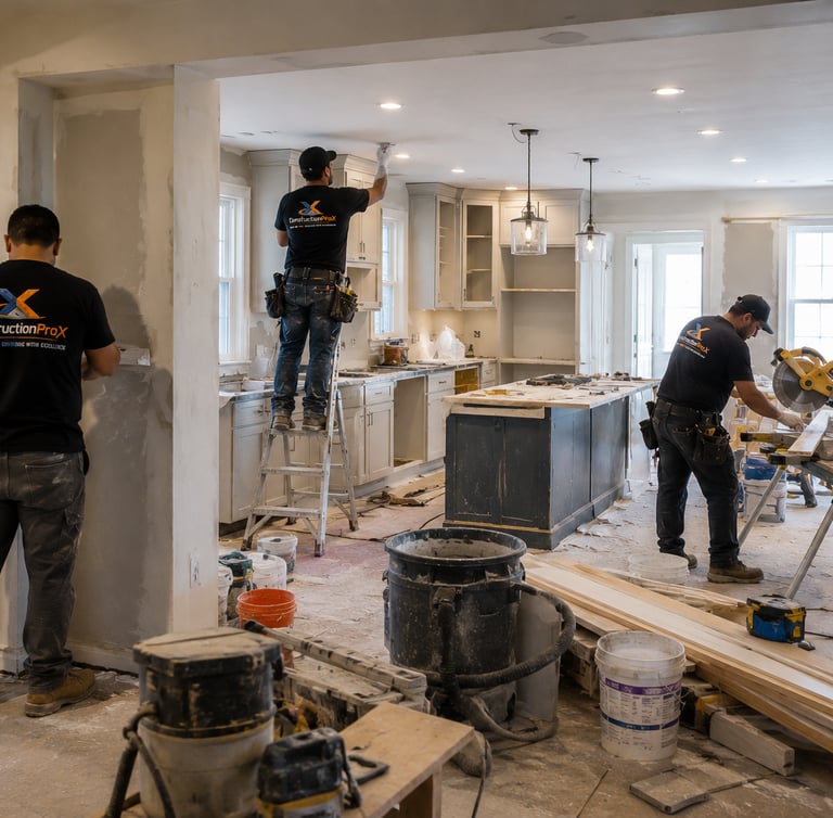 ConstructionProX contractors performing a kitchen remodel with drywall sanding and carpentry work.