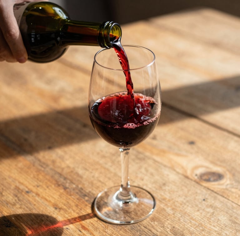 Close-up of a hand pouring deep red wine into a glass on a rustic wooden table, warm golden-hour natural light, soft shadows, editorial photography style