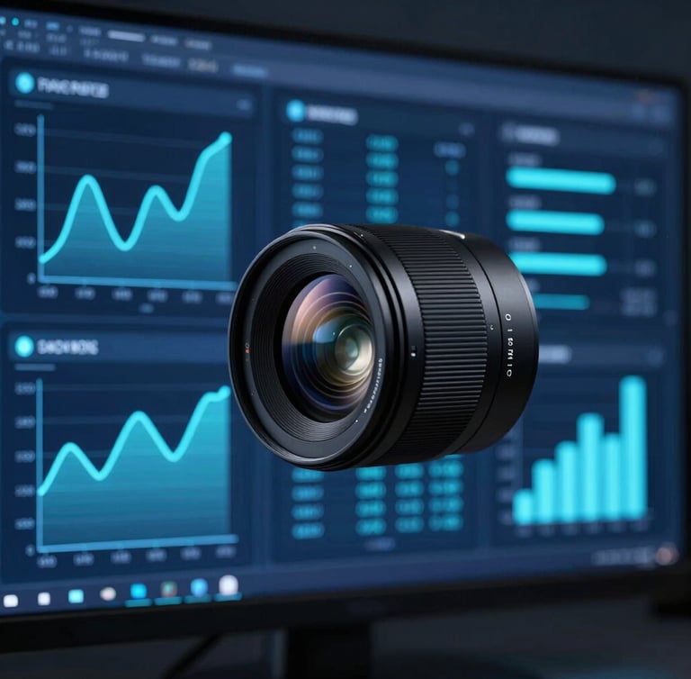 Sleek high-contrast data visualization on a dark screen, neon blue and cyan glowing charts, professional corporate tech environment, 35mm lens