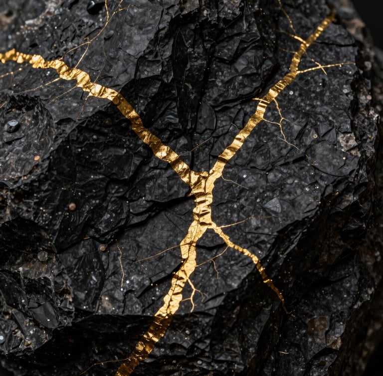 Macro close-up of raw gold veins embedded in dark quartz rock, high-contrast chiaroscuro lighting, dramatic golden reflections against deep charcoal textures.