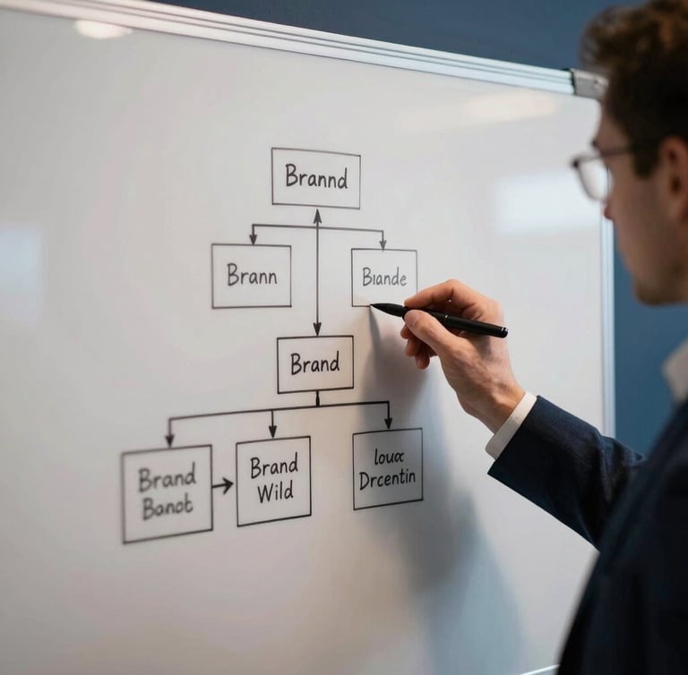 Focused professional hands drawing a structured brand architecture diagram on a clean white board, sharp focus, warm editorial lighting, indigo ambient light, 35mm