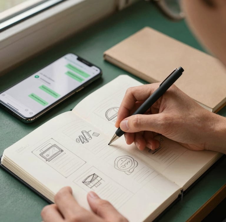 Tight macro shot of hands-on work, a designer sketching a user interface layout in a notebook next to a smartphone displaying a clean WhatsApp Business chat interface, warm natural window light, 35mm, sharp focus.