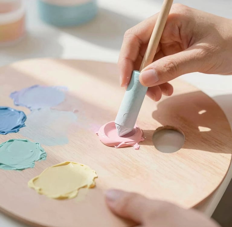 Close-up of hands mixing soft pastel pigments on a wooden palette, warm diffused sunbeams casting gentle shadows, airy whimsical tones.