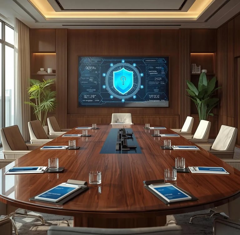 Modern conference room round table, security dashboard Safemoney.cloud cards at each seat in a premium corporate setting