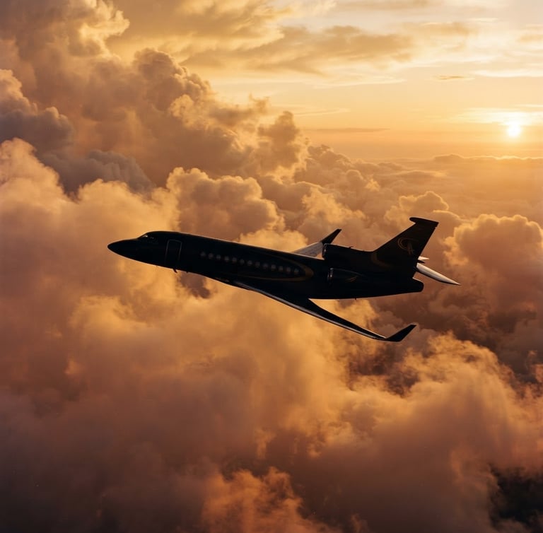 Sleek aircraft silhouette flying through warm golden-hour clouds, deep obsidian tones, gold accents, cinematic luxury photography, 35mm