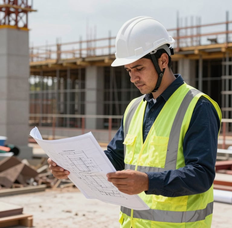 Medium shot of a professional engineer in a white hardhat and safety vest reviewing blueprint plans on an active construction site in Oxapampa, bright natural daylight, sharp technical details, 35mm lens