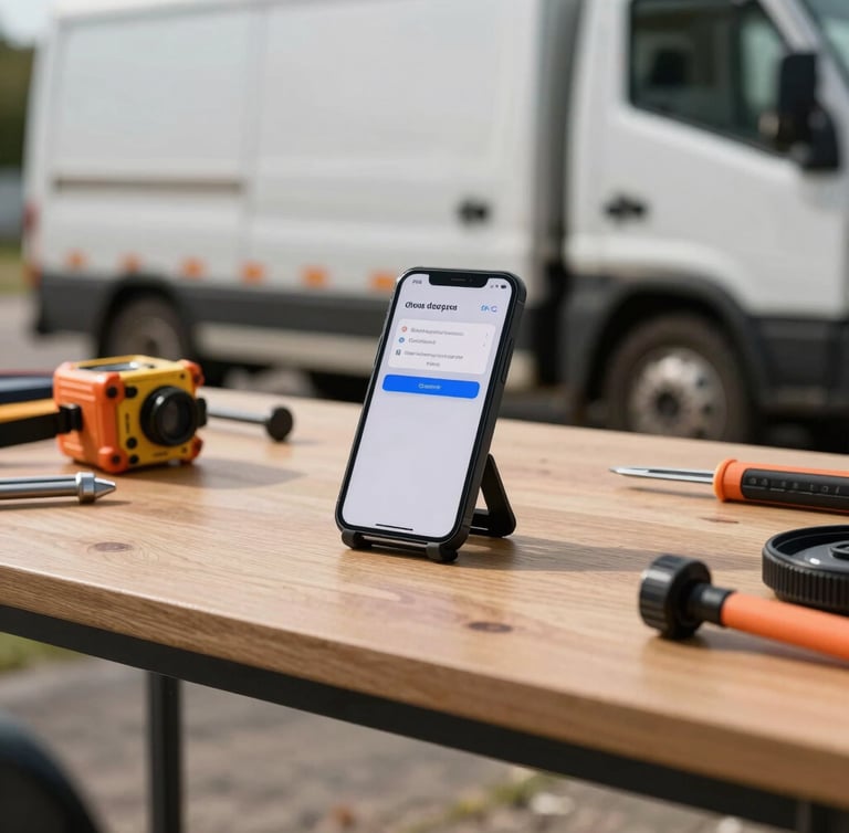 Un tableau de bord de camionnette de chantier propre, un smartphone fixé sur son support affiche une notification SMS lisible, outils de mesure posés à côté, lumière douce du matin.