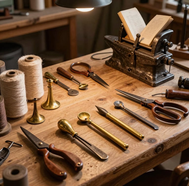 Wide panoramic shot of an organized craftsman workbench, featuring vintage brass hand tools, spools of linen thread, leather shears, and a heavy iron book press under warm, focused lamplight.