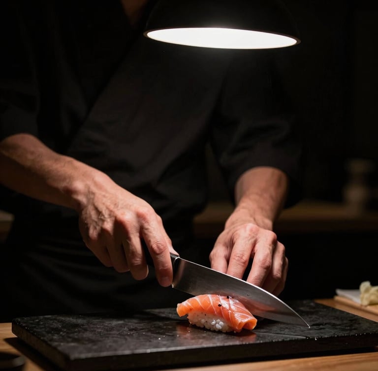Dramatic portrait-aspect shot of a master sushi chef's hands slicing pristine raw fish under a single soft overhead LED spotlight, dark matte black background, high contrast, 50mm lens