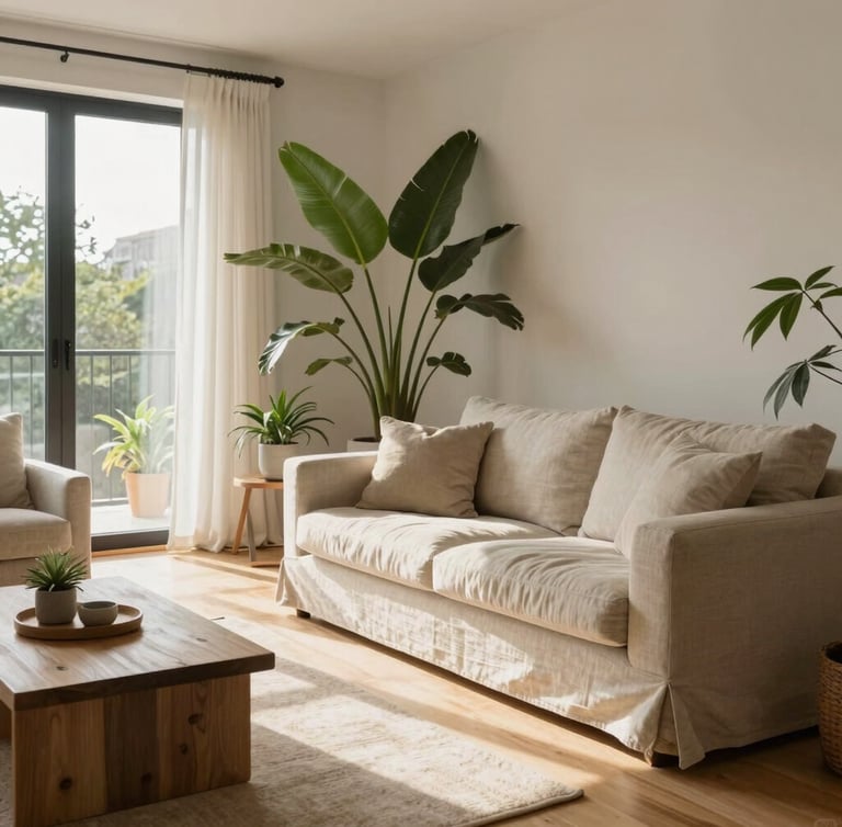 Vista vertical de un salón de estilo escandinavo inundado de luz natural, sofás de lino neutro, plantas de hojas grandes, suelos de madera clara, composición editorial limpia.