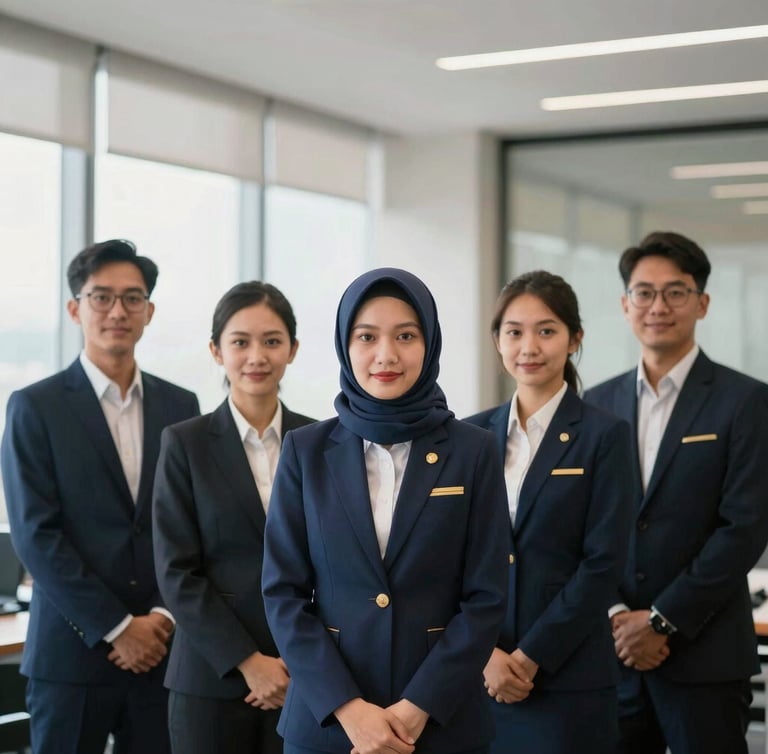 Portrait of professional Indonesian corporate event management team in modern clean office setting, natural soft window light, editorial corporate photography, 35mm